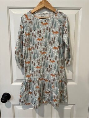 Kids Long Sleeve Fox Print Drop-Waist Dress - Light Blue with Orange Foxes